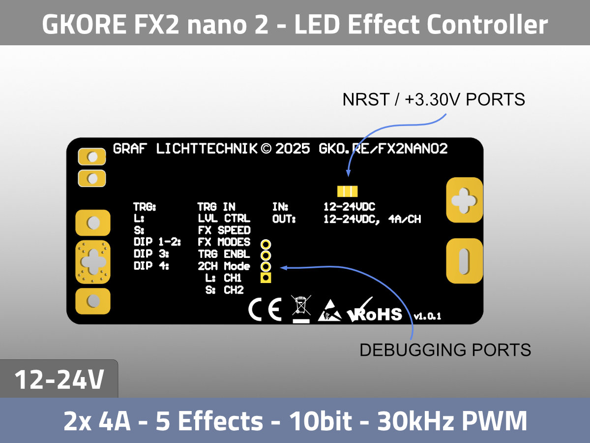 LED Effekt Dimmer Controller 2ch PWM 12V 24V Konstantspannung Top Backside LED Effekt Dimmer Controller 2ch PWM 12V 24V Konstantspannung Top Backside