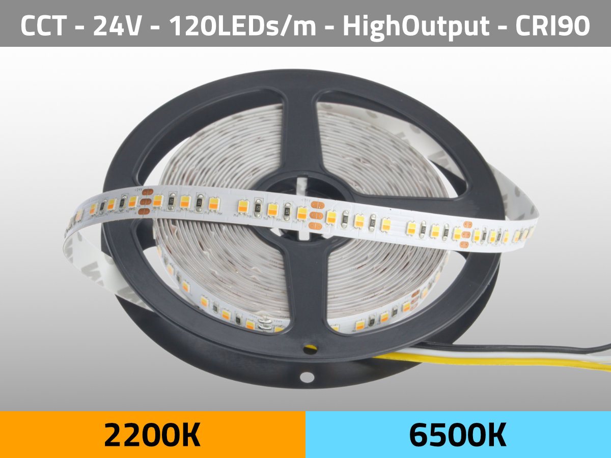 LED Streifen CCT 2200K-6500K 24V 28,8W/m 120LEDs/m HighOutput CRI90 LED Streifen CCT 2200K-6500K 24V 28,8W/m 120LEDs/m HighOutput CRI90